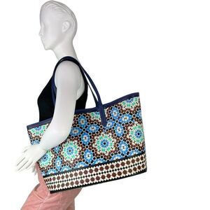 OrYANY PVC Large Double Handled Tote Bag in Blue Geometric Mosaic Print
